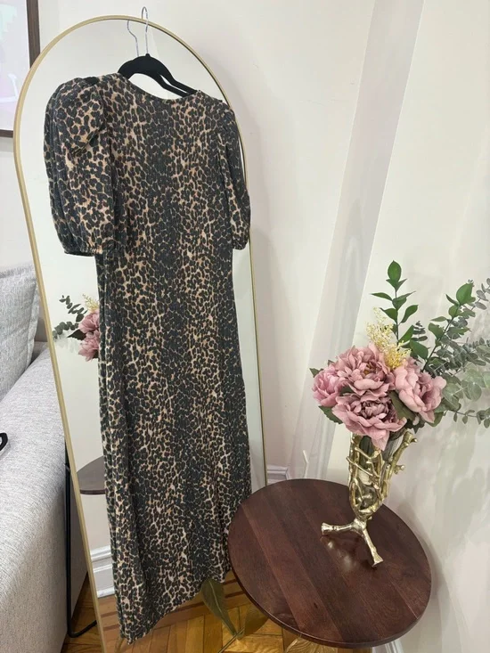 Leopard Print Midi Maxi Dress with Contrast Trim Collar - Picture 5 of 6